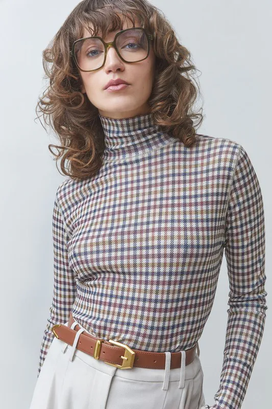 T-shirt Manech Taupe Houndstooth Print Long Sleeve Top Suncoo Paris