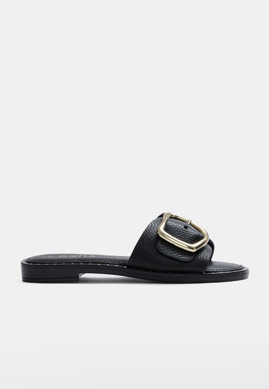 Pilar Black Leather Gold Buckle Sandal Bukela