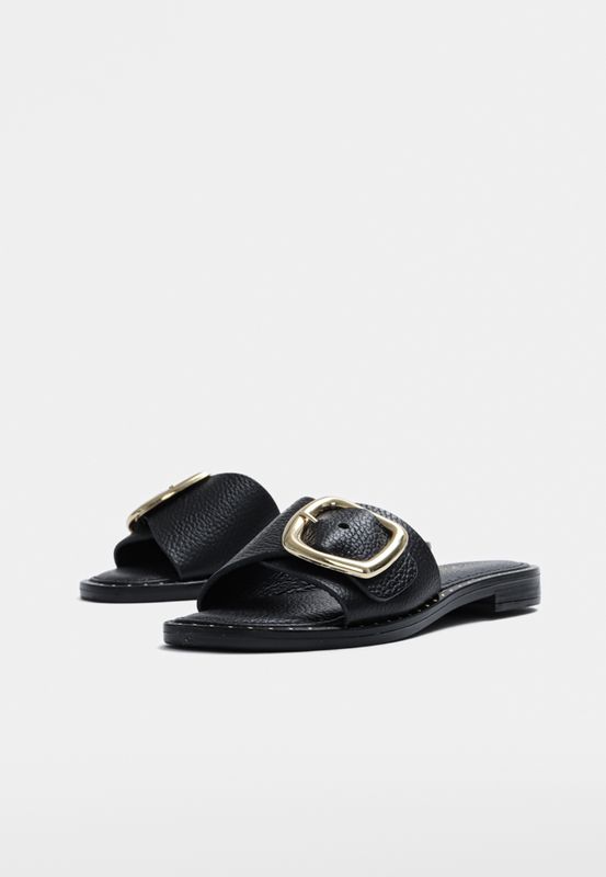 Pilar Black Leather Gold Buckle Sandal Bukela