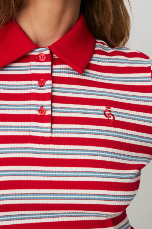 Lesliecras Polo Blouse Red Blue Stripe Cras