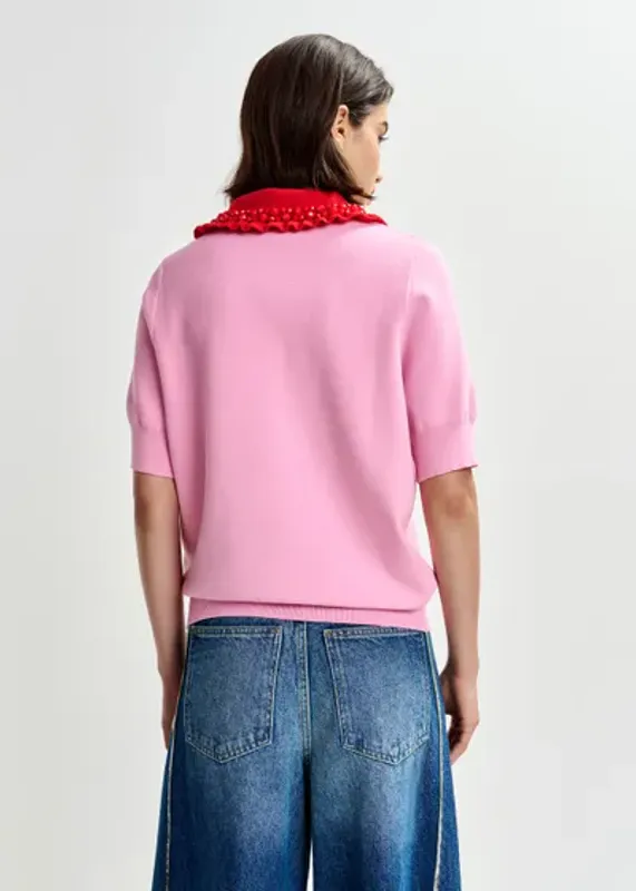 Jewelry Embroidered Knit Polo Cotton Andy Pink And Red Essentiel Antwerp