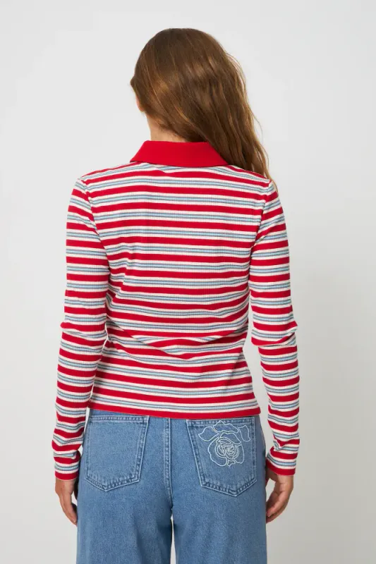 Lesliecras Polo Blouse Red Blue Stripe Cras