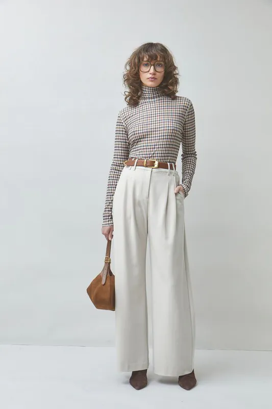 T-shirt Manech Taupe Houndstooth Print Long Sleeve Top Suncoo Paris